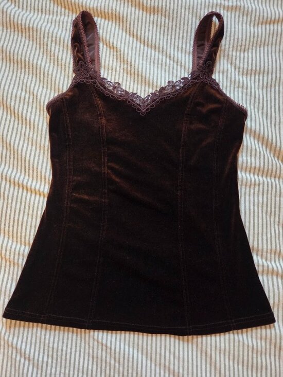 Arianne Tops - brown vintage velvet cami with lace and corset detailing (made in canada!)